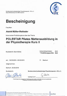 Teilnahmebescheinigung POLESTAR Pilates Mattenausbildung - Astrid Müller-Rohleder