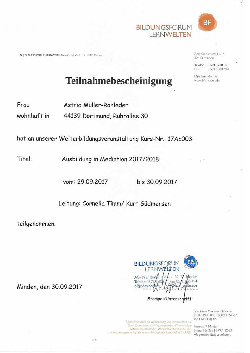 Teilnahmebescheinigung der Ausbildung zur Mediatorin - Astrid Müller-Rohleder. News Oktober 2017
