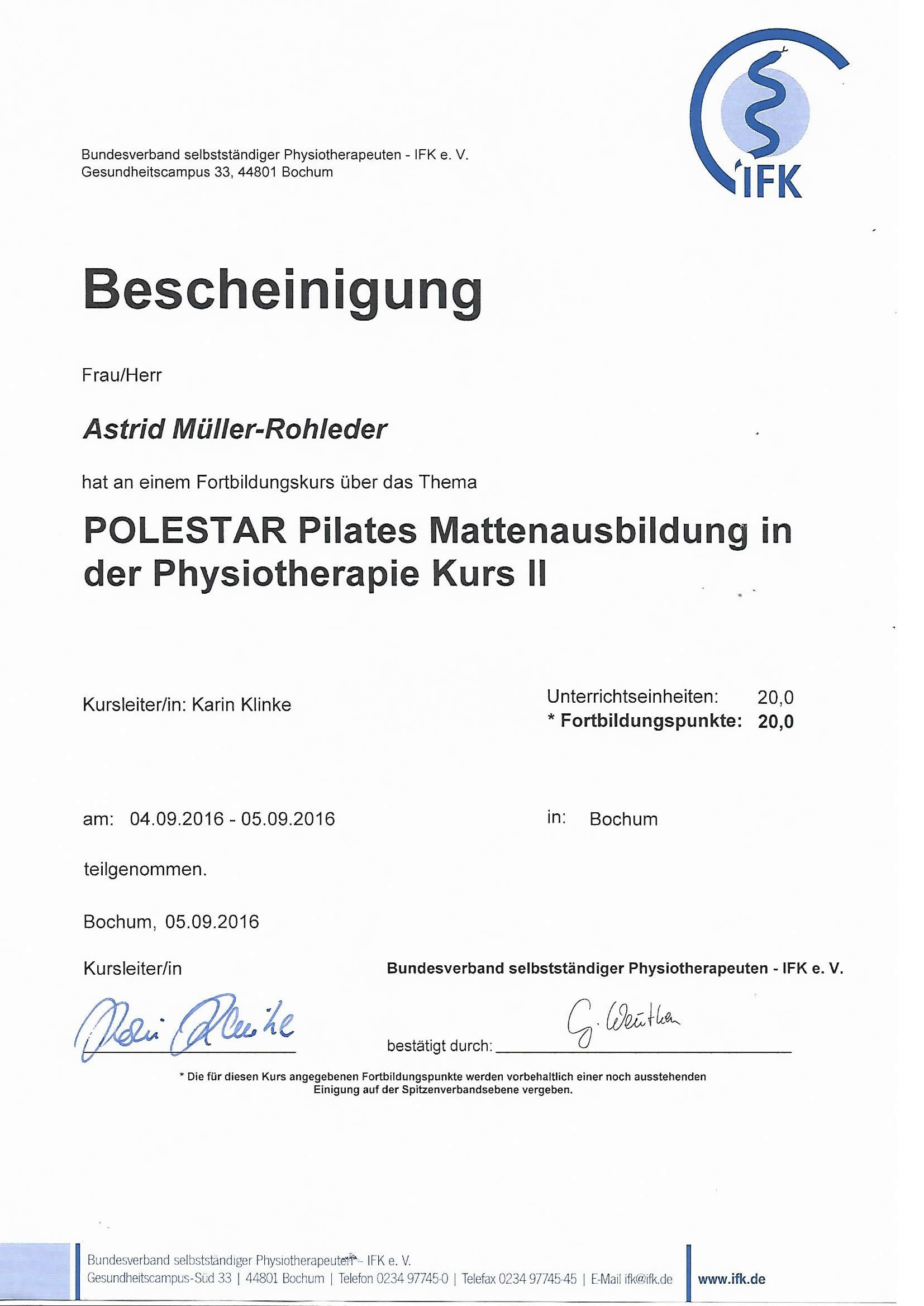 Bescheinigung POLESTAR Pilates Mattenausbildung - Astrid Müller-Rohleder